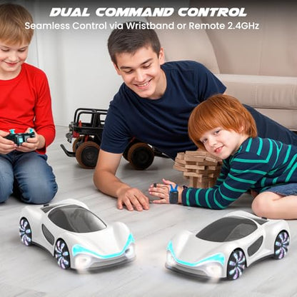 SIMREX Gesture Sensing Remote Control Car with Charging Dock - 360° Rotate Drift RC Stunt Car Toy, 40 Min Playtime, Dual Control, Spray Mist & LED Lights, Birthday Gift for Kids Boys Girls（White） - color: White