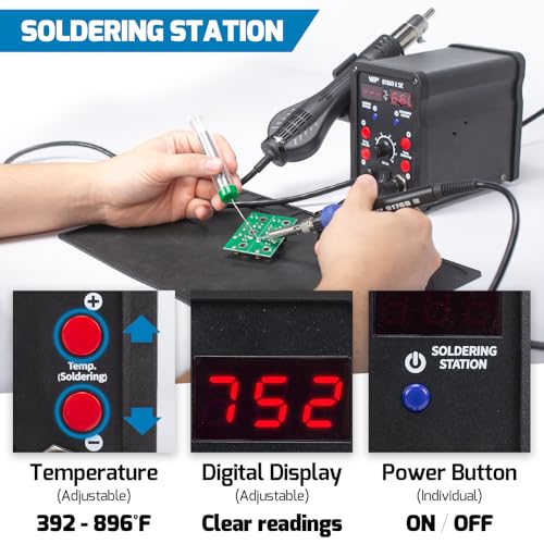 WEP 8786D-I SE Hot Air Soldering Iron Station Kit 2-IN-1 for Rework, Desoldering with Lead-Free Solder Wire, 5 Soldering Tips, 3 Hot Air Nozzles,Tweezers, Desoldering Pump