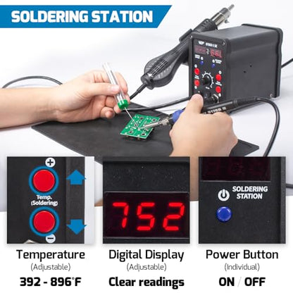 WEP 8786D-I SE Hot Air Soldering Iron Station Kit 2-IN-1 for Rework, Desoldering with Lead-Free Solder Wire, 5 Soldering Tips, 3 Hot Air Nozzles,Tweezers, Desoldering Pump