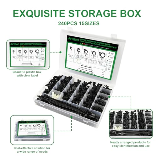 240pcs Car Wire Loom Routing Clips Assortment Kit, 15 Sizes Universal Car Wiring Harness Clips & Push Mount Cable Ties Replacement Parts for Ford Honda GM Mazda