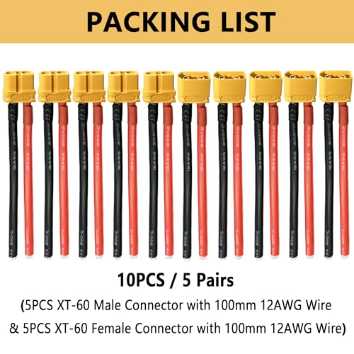 Amass XT60 Connector Plug Cable - Female and Male Connectors Adapter with 12AWG 100mm Silicone Wire for RC Lipo Battery Cable Drone Car Boat (10PCS)
