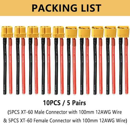 Amass XT60 Connector Plug Cable - Female and Male Connectors Adapter with 12AWG 100mm Silicone Wire for RC Lipo Battery Cable Drone Car Boat (10PCS)