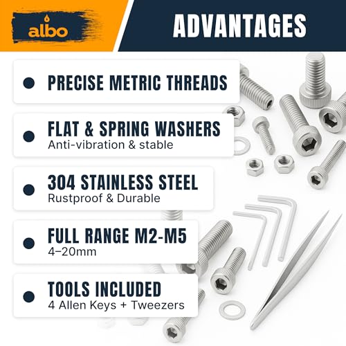 ALBO 2000 Pcs M2-M5 Socket Head Cap Screw Kit, 304 Stainless Steel | Matching Nuts, Washers, Allen Keys and Tweezers Included, Everything You Need in One Kit