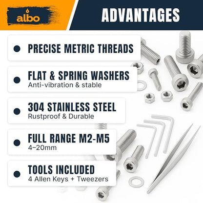 ALBO 2000 Pcs M2-M5 Socket Head Cap Screw Kit, 304 Stainless Steel | Matching Nuts, Washers, Allen Keys and Tweezers Included, Everything You Need in One Kit