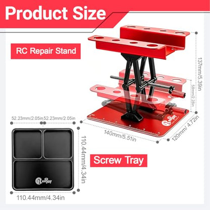 RC Car Stand Lift Lower with 3-Slot Screw Tray for 1/8 1/10 1/12 Scale, Red | Aluminum RC Car Work Stand Repair Tool Set for RC Cars Crawler Truck Traxxas TRX4 Axial SCX10 Upgrade - color: Red, With 3-slot Screw Tray