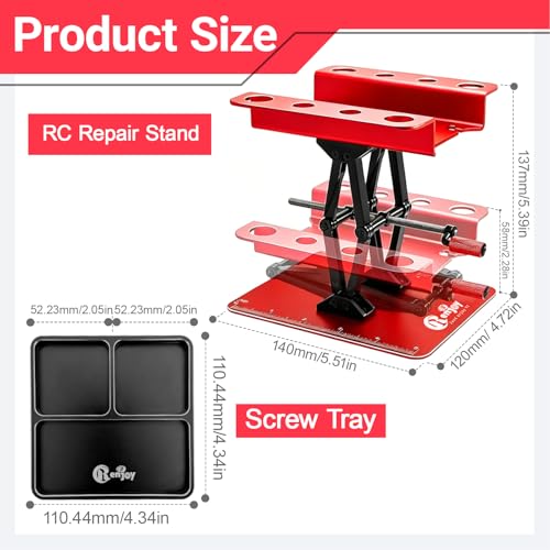 RC Car Stand Lift Lower with 3-Slot Screw Tray for 1/8 1/10 1/12 Scale, Red | Aluminum RC Car Work Stand Repair Tool Set for RC Cars Crawler Truck Traxxas TRX4 Axial SCX10 Upgrade - color: Red, With 3-slot Screw Tray