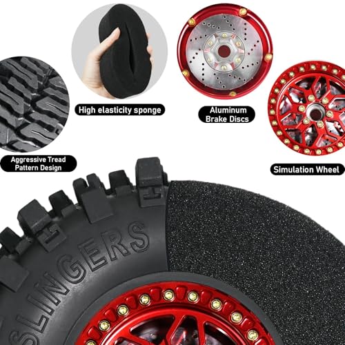 2.2" RC Mud Terrain Wheel Tire with Brake Discs for 1/10 RC Crawler - 12mm Hex, 9.5mm Offset Aluminum Wheel - Aggressive Huge Lug Tire for Mud Slinging - Fit for SCX10 TRX4 TRX6 Gen8 VS4-10 - color: Red