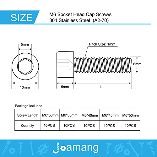 M6 x 30mm 35mm 40mm 45mm 50mm Socket Head Cap Screws Bolts, Stainless Steel 304, Metric Allen Hex Drive, Bright Finish, Fully Threaded, Assortment Kit 50PCS - size: Socket M6x30-50 mm