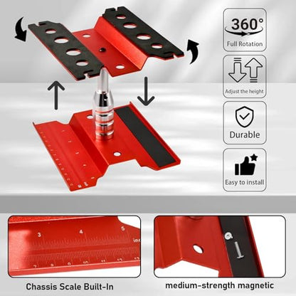 Rc Car Stand with Lit Lower Adjustable & 360'Rotatable, Rc Stand Repair Station with Shock Holder for TraxxasTRX4 Arrma Losi Axial Hsp Hbx Mix Wltoys, Wrenching On 1/8 1/10 1/12 1/14 Rc Rig Red - color: Red
