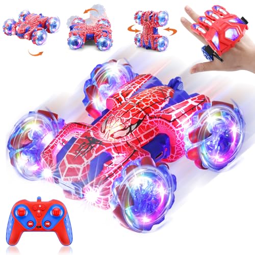 Gesture Sensing RC Stunt Car 2.4GHz Wholebody Light Double Sided RC Cars | Rechargeable Remote Control Car with Headlight Indoor Outdoor Spider Toy Birthday Gift Kids Boys Ages 4 to 13 - color: Dual Control Red