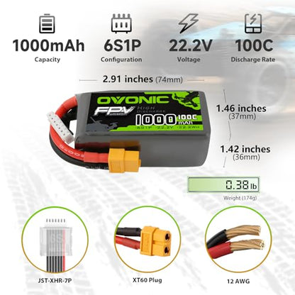 OVONIC 1000mAh 6S 100C LiPo Battery with XT60 Plug for FPV Racing RC Quadcopter Helicopter Airplane Multi-Motor Hobby DIY-2Packs