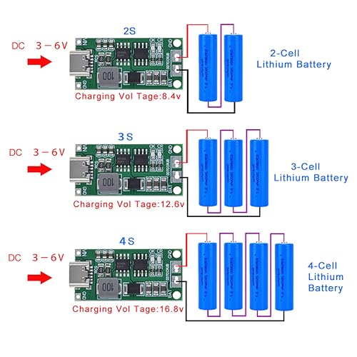 HiLetgo 2pcs Multi-Cell 2S 3S 4S USB-C to 8.4V 12.6V 16.8V (2S 1A) Step-Up Boost LiPo Polymer Li-Ion Charger Board 7.4V 11.1V 14.8V 18650 Lithium Battery Boost Module Type-C - style: 2S 1A