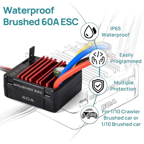 2026 New 60A Waterproof Brushed ESC 2-3S Electronic Speed Controller WP 1060 RC ESC Brushed with Power Witch for 1/10 Scale RC Crawler Car,Boats,Truck (T-Plug) - color: Black-red