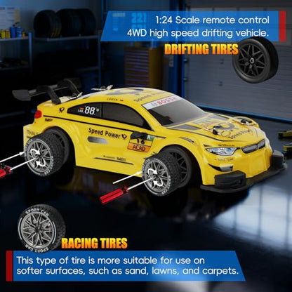 RC Drift Car, 1:24 Scale Remote Control Drift Cars | 2.4GHz 4WD Drifting Cars, 30km/h High-Speed RC Race Car Vehicle, Racing Sport Toy Ideal Birthday Gift for Boys Girls Kids - color: Yellow