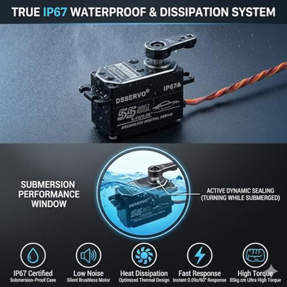 DSSERVO BLS4355 55KG Low Profile Brushless Digital Servo IP67 Waterproof Metal Gear, 0.09s, 180/270/360 Degree for RC Crawler Truck Robot Arm (180 Degree) | Low Profile Brushless IP67 Waterproof
