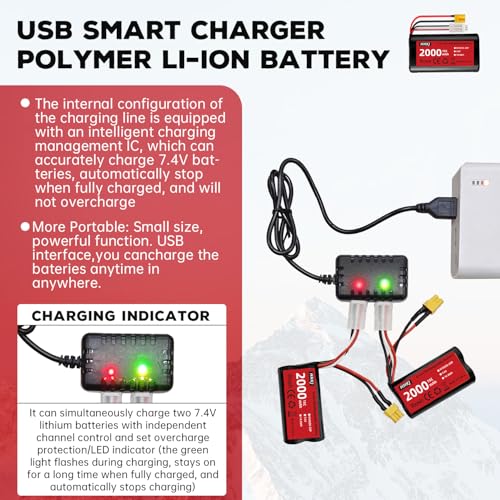 Li-ion Battery 7.4V 2000mAh with XT-30 Plug 2S Rechargeable RC Battery Suitable for 4WD High Speed RC Cars and Most 1/12, 1/16, 1/18 Scale RC Cars Trucks with 1 to 2 Charger