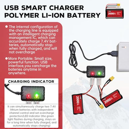 Li-ion Battery 7.4V 2000mAh with XT-30 Plug 2S Rechargeable RC Battery Suitable for 4WD High Speed RC Cars and Most 1/12, 1/16, 1/18 Scale RC Cars Trucks with 1 to 2 Charger
