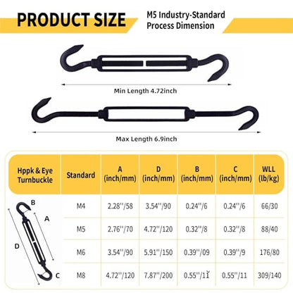 10 Pack Black 304 Stainless Steel M5 Hook and Hook Turnbuckle, Heavy Duty Wire Rope Tensioner, Adjustable Hardware Kit for DIY String Light Hanging, Shade Sail, Clothesline & Picture Hanging - color: Hook and Hook, size: M5-10 Pcs