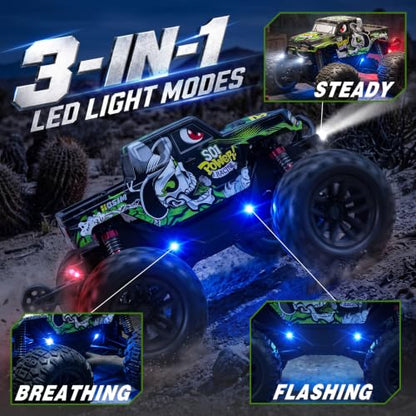Hosim 1/18 Monster Truck All Terrain 4WD, 38KPH RC Cars for Boys Age 8-12 | 2 * 2S Batteries for 50min, Three Dazzling Lights, Sealed Cage Chassis, IPX4 Waterproof Monster Truck Toys Gift - color: Green