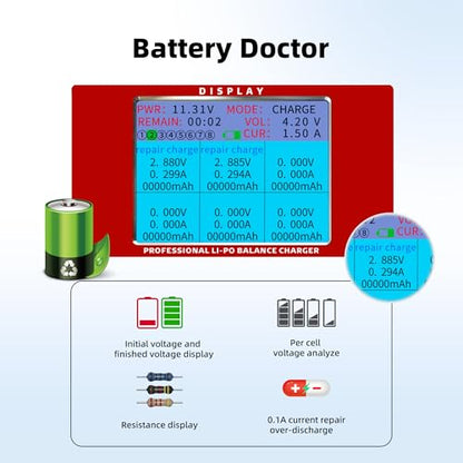 Radiolink CB86-PLUS RC Lipo Balance Smart Charger Discharger 8 Charging Ports 1S-6S 162W 6A with Power Supply Fast Charging, Battery Capacity Recovery Cycle Trickle for Li-Po/Li-Ion/Li-Fe/LiHV Battery