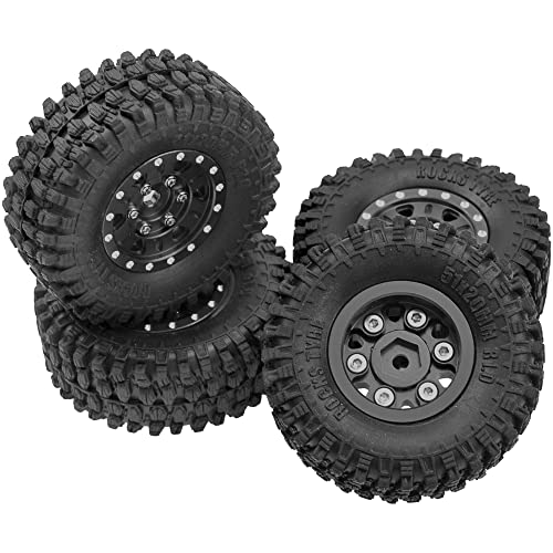 4Pack HIRCQOO 1.0" SCX24 Beadlock Wheels 7mm Hex Wheel Rims & Rubber Crawler Tires Set Compatible with Axial SCX24 1/24 Deadbolt AXI00002 AXI90081 AXI00002V2 RC Crawler Car (Black)