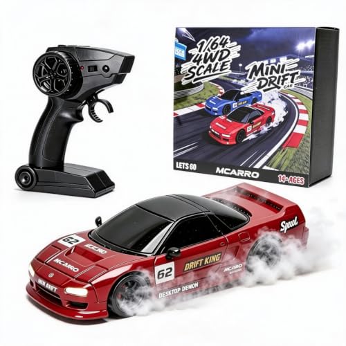 MC062 1/64 Scale Mini RC Drift Car, 60 Mins Playtime 2.4GHz Remote Control Car with 2-Speed Modes & LED Lights, Micro 4WD RC Stunt Race Car, (Red) - color: Red