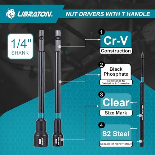 LIBRATON 27PCS Magnetic Nut Driver Set, Ratcheting T Handle, Metric&SAE | Nut Driver Set for Impact Drill, Long Socket Set, Drill Bits, Socket Adapters, Wing Nut Driver, Magnetic Holder, Storage Case - style: 27PCS With Handle
