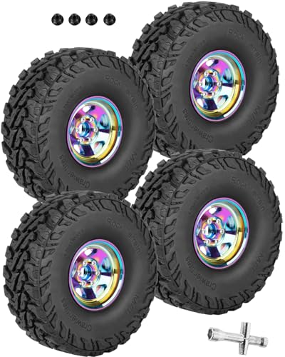 RC Alloy 1.9" Beadlock Wheels and Tires for 1/10 RC Crawler TRX4 SCX10 SCX10 III 90046 D90,1.9 RC Wheels and Tires 1.9 Beadlock Tires RC Rims,4 Packs,Rainbow - color: Rainbow(4pcs)