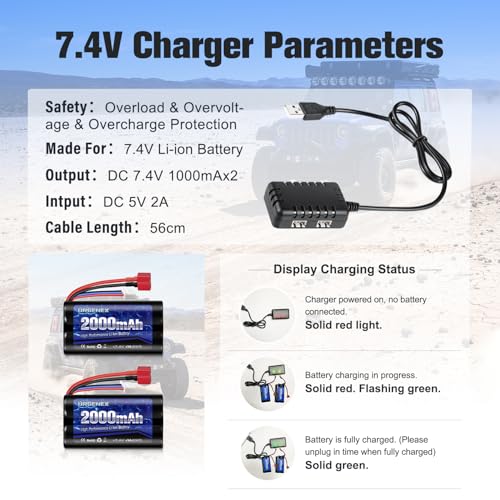 Li-ion Battery 7.4V 2000mAh with Dean-Style T Plug 2S Rechargeable RC Battery Fit for WLtoys 4WD High Speed RC Cars and Most 1/10, 1/12, 1/16 Scale RC Cars Trucks with 1TO2 USB Charger