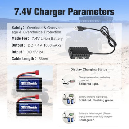 Li-ion Battery 7.4V 2000mAh with Dean-Style T Plug 2S Rechargeable RC Battery Fit for WLtoys 4WD High Speed RC Cars and Most 1/10, 1/12, 1/16 Scale RC Cars Trucks with 1TO2 USB Charger
