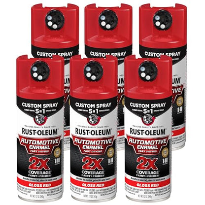 Rust-Oleum 2X Automotive Enamel 5-in-1 Spray Paint, Gloss Red | Fast Dry, Adjustable Custom Spray Dial, Multi Surface (Metal, Wood, Plastic and More), Any Angle, Ultimate Coverage, 6 Pack - color: Gloss Red, size: 12 Ounce (Pack of 6)