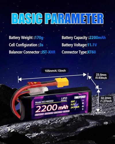 11.1V Lipo Battery Pack 3S 2200mAh 50C with XT60 Plug for FPV Drone Quadcopter RC Airplane Aircraft - color: XT60