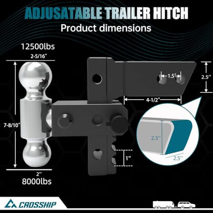 Adjustable Trailer Hitch - Heavy Duty Aluminum Drop Drawbar Hitch - Fits 2.5" Receiver, 6" Drop/Rise, for Truck, SUV, RV(18500 LBS GTW) - color: Black, size: 2.5" 6 Drop-Dual Ball