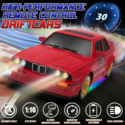 Remote Control Cars 1:16 Scale RC Drift Car 2.4Ghz 30KM/H High Speed 4WD RTR Racing Car with Drift Tires LED Lights 2PCS Rechargeable Batteries RC Sport Cars Toys for Adults Boys Girls Kids Gift - color: Red