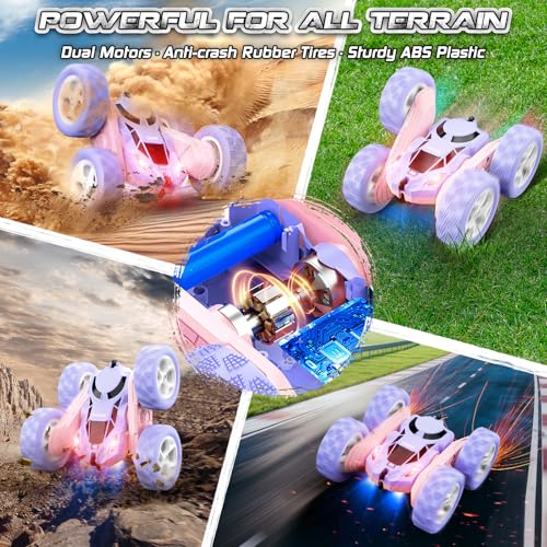cosone Pink Purple RC Stunt Car for Kids | 360° Rotating Spins, Double-Sided Driving, LED Lights, 2.4GHz Racing Toy, Ages 4-8 8-12 - color: Purple&pink