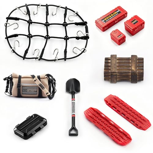 1/24 1/18 Scale RC Crawler Accessories Compatible with 1/24 SCX24 1/18 TRX4M Car Roof Kit with Luggage Net, ARB Bag, Recovery Boards, Shovel, Toolboxes, Wood Box, Luggage Box - color: Red