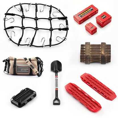 1/24 1/18 Scale RC Crawler Accessories Compatible with 1/24 SCX24 1/18 TRX4M Car Roof Kit with Luggage Net, ARB Bag, Recovery Boards, Shovel, Toolboxes, Wood Box, Luggage Box - color: Red