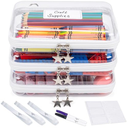 Clear Hard Shell Zipper Case Set (3 Medium), 120s Thick PET Plastic Storage Bags, Dual Zipper Travel Organizer with Star Charms, Removable Strap, Removable Labels & 2 Markers - size: 3 Medium