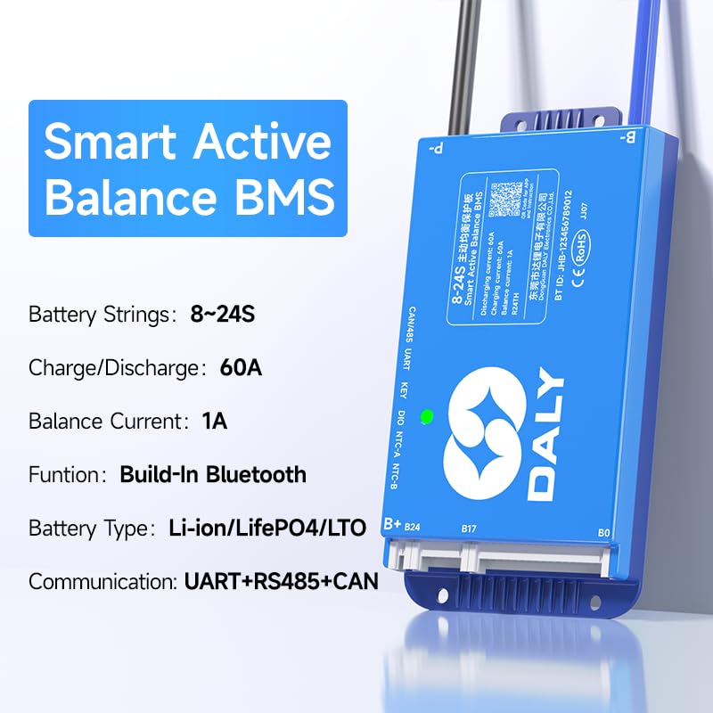 DALY Smart BMS 24V-72V 60A Built-in 1A Active Balancer | Bluetooth App Monitoring. 8S-24S LiFePO4 Li-ion LTO Support. Designed for E-Bikes, Golf Carts, RVs, Solar Systems - style: 60A 8-24S BT