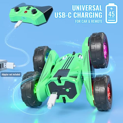 MaxTronic Fast Direct Charging Remote Control Car with LED，Exclusive Dual USB-C Charging for Car & Controller - 2.4Ghz 15km/h 360° Flips Rotations 4WD RC Stunt Car Fully Rechargeable for Kids 3-12 - color: Green