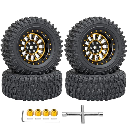 LRFHL 1.3" Beadlock Wheel Tires Aluminum for SCX24 TRX4M, 4PCS, Gold | Upgraded 1.45-inch Wheel, 1/24 SCX24 1/18 TRX4M RC Crawler Car Upgrade - color: Black Tires+ Gold Wheels-1
