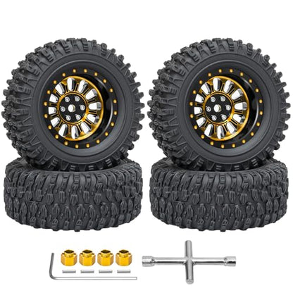 LRFHL 1.3" Beadlock Wheel Tires Aluminum for SCX24 TRX4M, 4PCS, Gold | Upgraded 1.45-inch Wheel, 1/24 SCX24 1/18 TRX4M RC Crawler Car Upgrade - color: Black Tires+ Gold Wheels-1