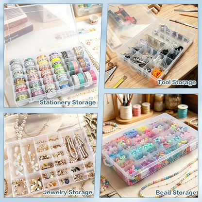 DILIBRA 2 Pack 36 Grids Large Plastic Organizer Box with Adjustable Divider | Clear Craft Organizers Bead Organizers with Label Stickers, Compartment Container for Beads Crafts Jewelry Fishing Tackles - size: 2 Pack 72 Grids