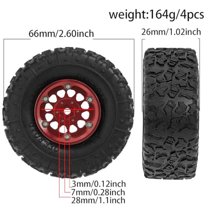 REDSPIDER 1.3 Aluminium Alloy Beadlock Wheels and Crawler Tires 1/24 RC Muddy Swamp Tyre 7mm Hex Fit for 1/18 1/24 Axial Trx4m SCX24 AX24 FCX24 RC Crawler XC-1 RTR CR-18P EVO (Red) - color: Red