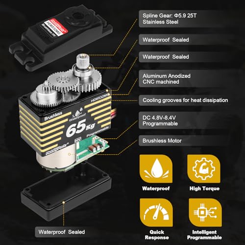 HobbyPark Waterproof 65kg Servos Brushless Motor High Torque RC Steering Servo Fast Speed Stainless Steel Metal Gears HV for 1/8 1/10 RC Crawlers Cars Trucks Buggy 180° Standard Programmable