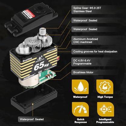 HobbyPark Waterproof 65kg Servos Brushless Motor High Torque RC Steering Servo Fast Speed Stainless Steel Metal Gears HV for 1/8 1/10 RC Crawlers Cars Trucks Buggy 180° Standard Programmable