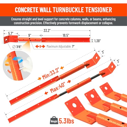 Heavy Duty Concrete Turnbuckle Form Aligner(Length: 33.2"-40")-Adjustable Wall Concrete Brace Premium Steel 2Pack