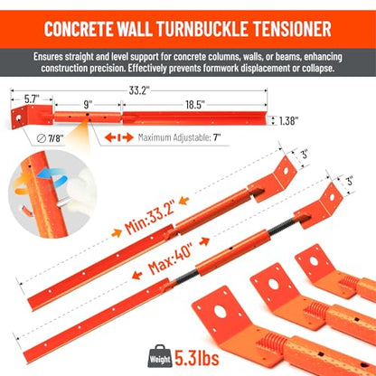 Heavy Duty Concrete Turnbuckle Form Aligner(Length: 33.2"-40")-Adjustable Wall Concrete Brace Premium Steel 2Pack