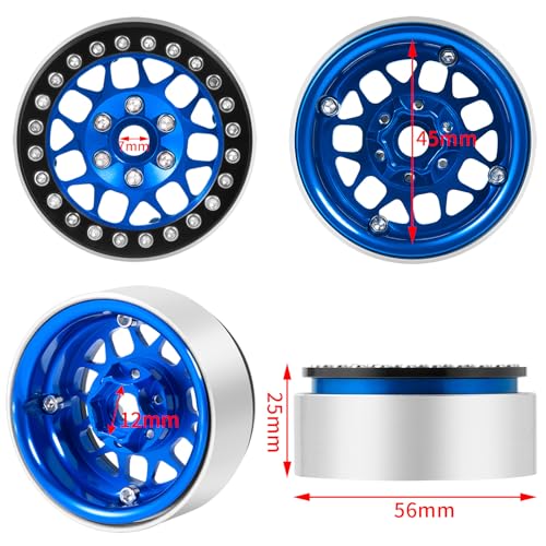 4PCS Metal 1.9 Inch Beadlock Wheels RC Wheel Rim Set, Blue+Black | Wheel Hub, For 1/10 RC Crawler TRX4 TRX6 Axial SCX10 I II III 90046 AXI03007 D90, 12mm Hex - color: Blue+black