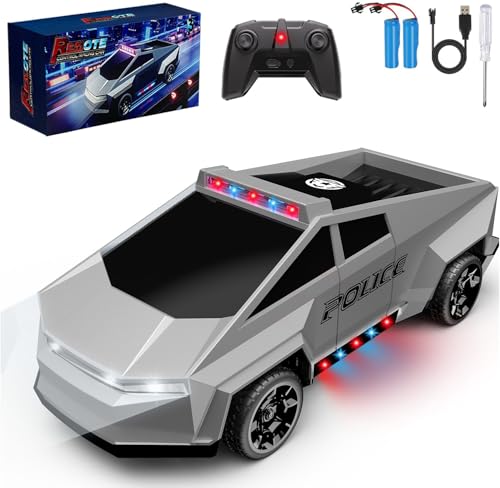 RC Remote Control Car Cybertruck Toy, Police Car Toy 2.4GHz, LED Lights, 2 Rechargeable Batteries, Ideal Gift for Boys Girls Ages 3+ Years - style: Police Cybertruck